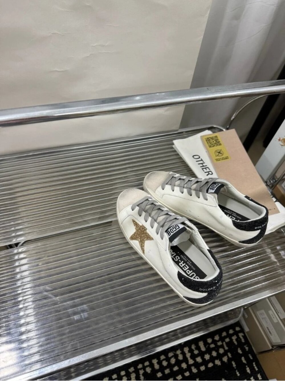 Golden Goose White Sneakers with Gold Glitter Star and Black Heel - Picture 2 of 9